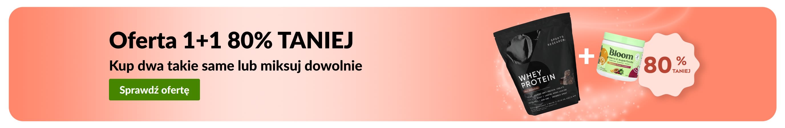 Baner promocyjny iHerb oferujący Ofertę 1+1 80% taniej na niezbędne produkty dla zdrowia.