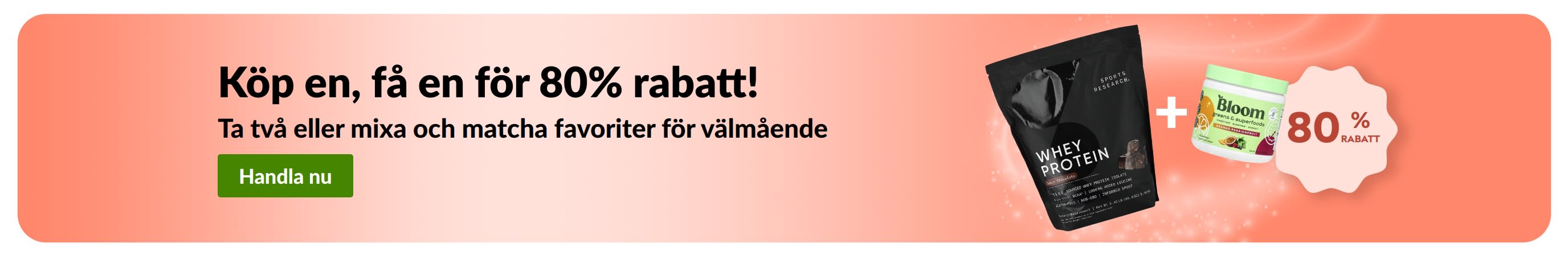 iHerb kampanjbanner som erbjuder köp en, få en för 80% rabatt på favoriter för välmående.
