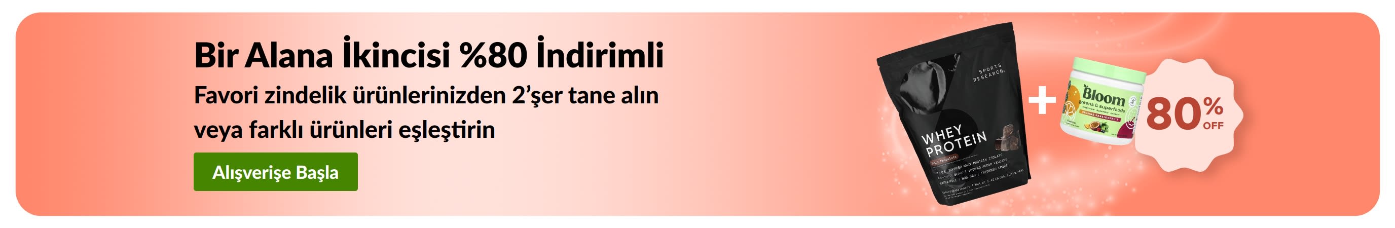 Temel sağlık ürünlerinde 1 alana 2.si %80 indirim sunan iHerb promosyon banner’ı.