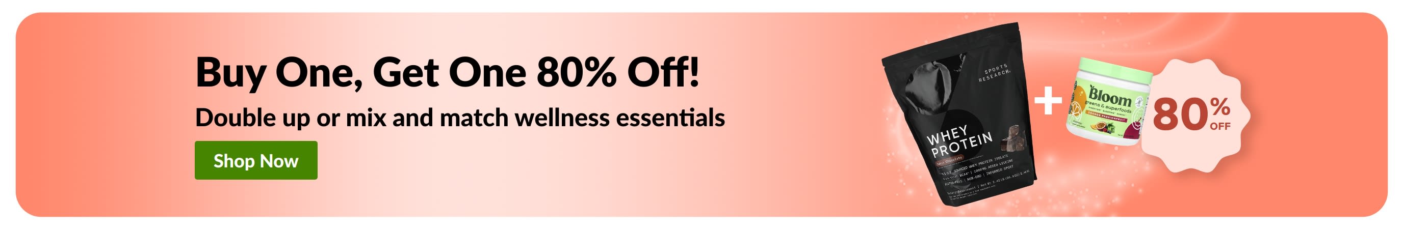 iHerb promo banner offering buy one get one 80% Off on wellness essentials.