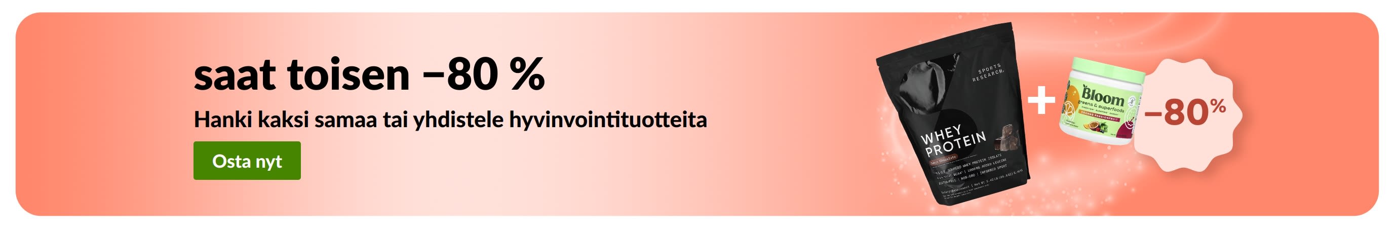iHerb-mainosbanneri, joka tarjoaa Osta 1, saat toisen −80 % hyvinvointituotteista.