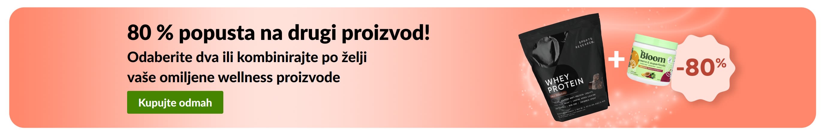 iHerb reklamni natpis za promociju „80 % popusta na drugi proizvod!” s prikazom wellness proizvoda.