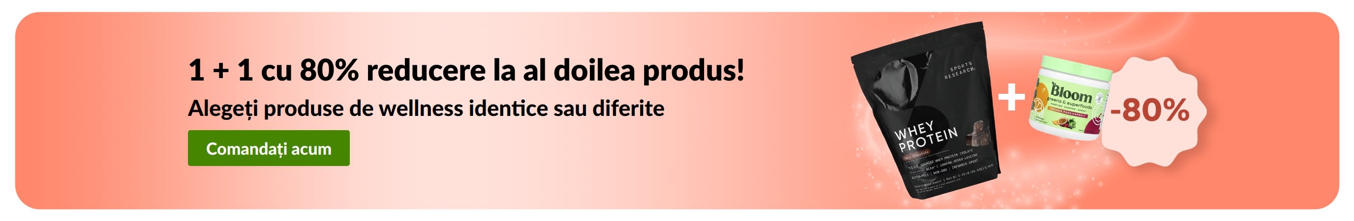 Banner iHerb cu produse esențiale pentru wellness în oferta 1 + 1 cu 80% reducere.