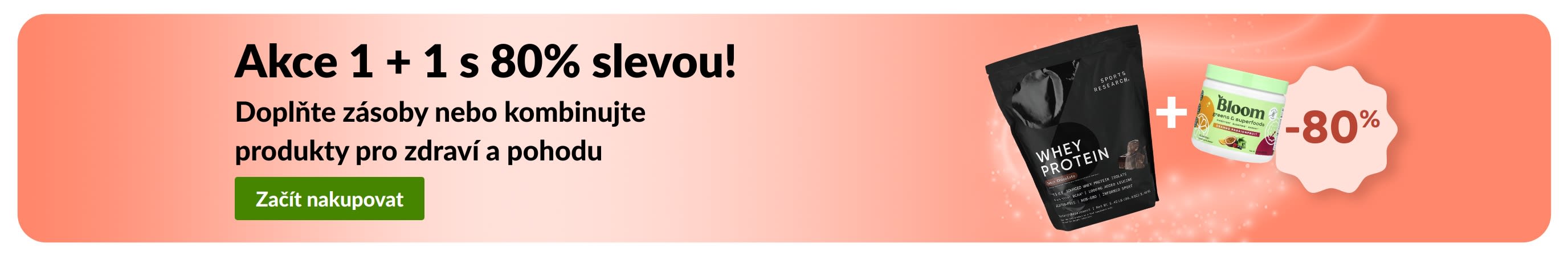 Promo banner iHerb nabízející akci 1 + 1 s 80% slevou na produkty pro zdraví a pohodu.
