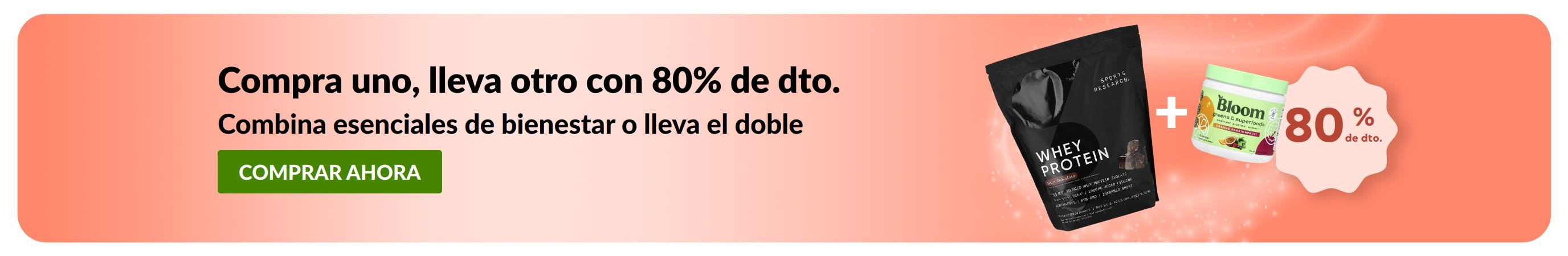 Banner de iHerb con la oferta de “Compra uno, lleva otro con 80% de dto.” en esenciales de bienestar.