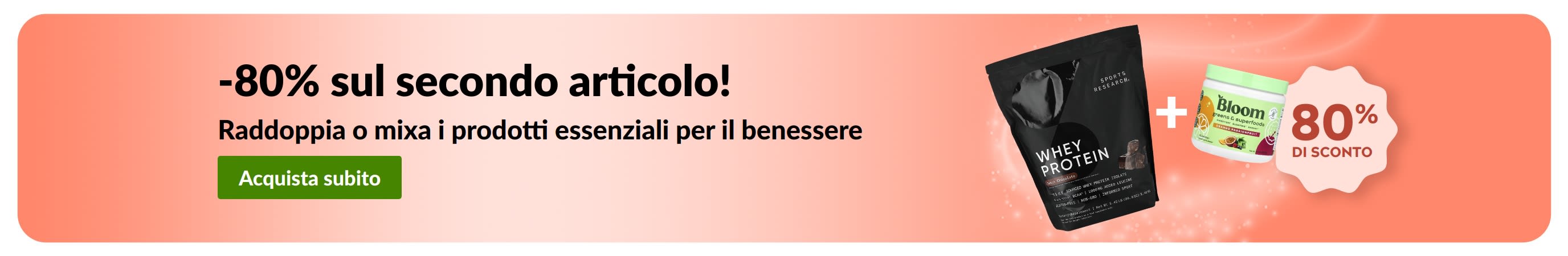 Banner promozionale di iHerb con l'offerta dell'80% di sconto sul secondo prodotto essenziale per il benessere acquistato.