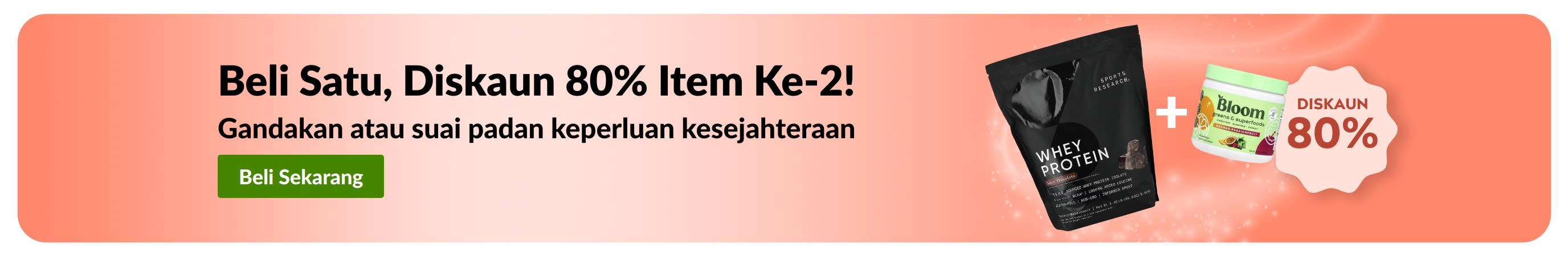 Sepanduk promosi iHerb menawarkan beli satu, diskaun 80% item ke-2 untuk keperluan kesejahteraan.