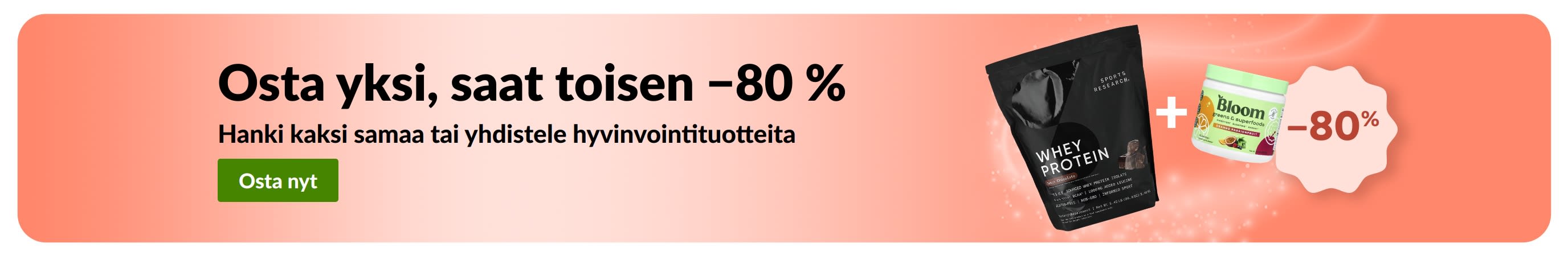 iHerb-mainosbanneri, joka tarjoaa Osta 1, saat toisen −80 % hyvinvointituotteista.