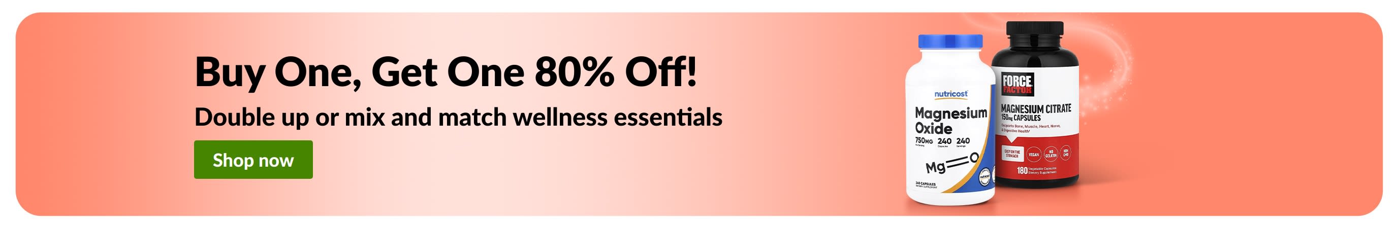 iHerb promo banner offering buy one get one 80% off on wellness essentials.