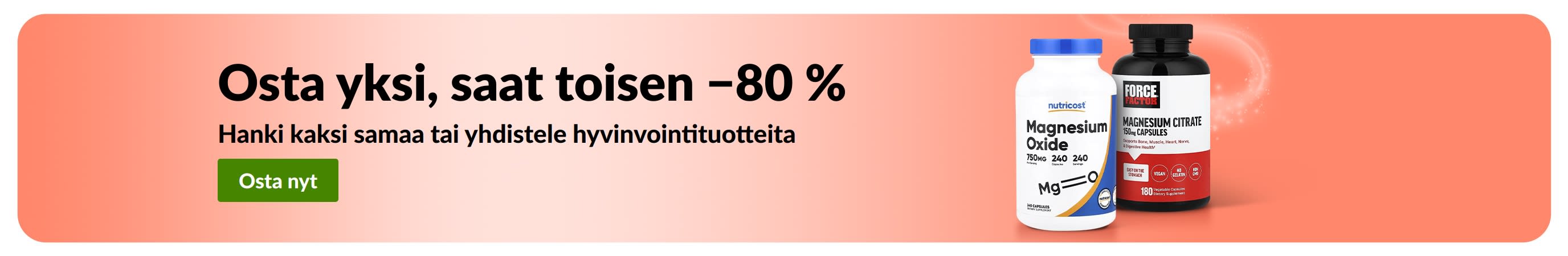 iHerb-mainosbanneri, joka tarjoaa Osta 1, saat toisen −80 % hyvinvointituotteista.