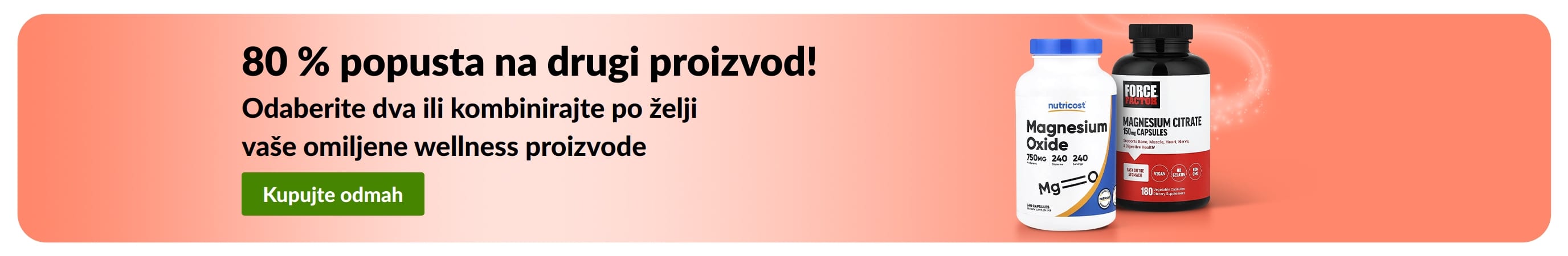 iHerb reklamni natpis za promociju „80 % popusta na drugi proizvod!” s prikazom wellness proizvoda.