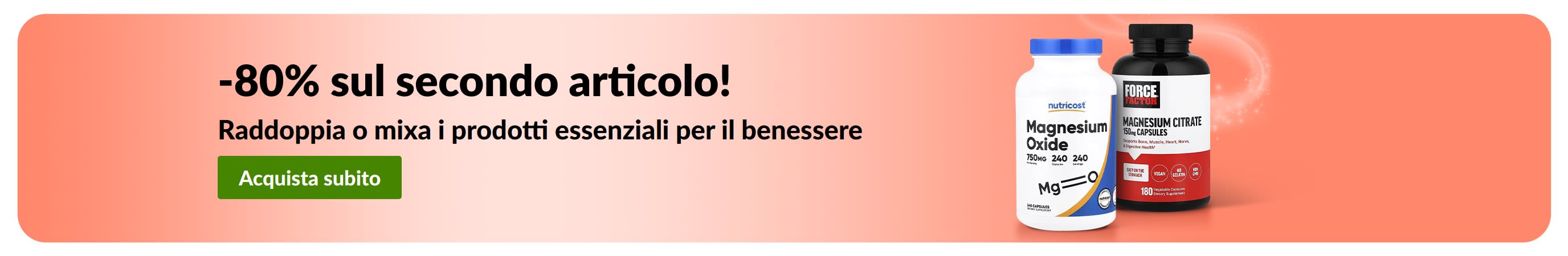 Banner promozionale di iHerb con l'offerta dell'80% di sconto sul secondo prodotto essenziale per il benessere acquistato.