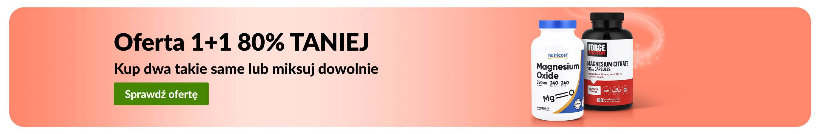 Baner promocyjny iHerb oferujący Ofertę 1+1 80% taniej na niezbędne produkty dla zdrowia.