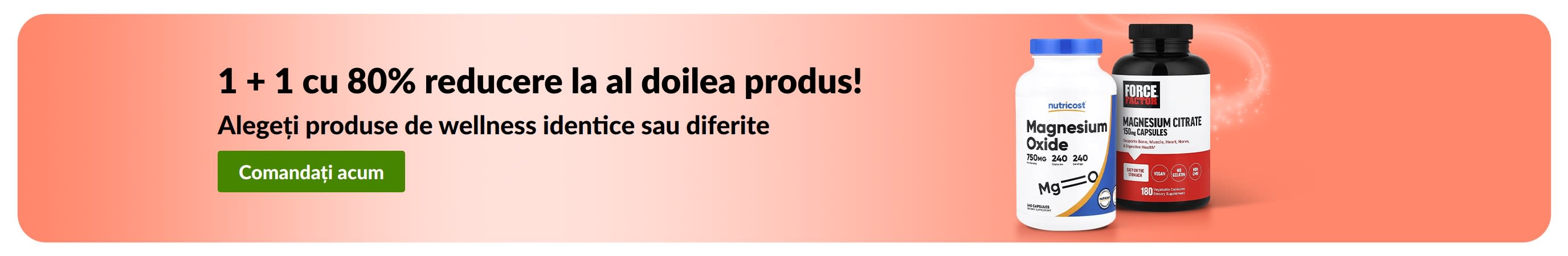 Banner iHerb cu produse esențiale pentru wellness în oferta 1 + 1 cu 80% reducere.