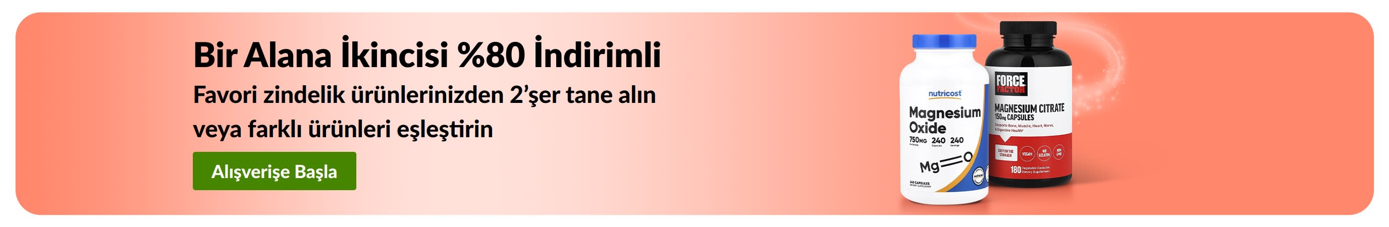 Temel sağlık ürünlerinde 1 alana 2.si %80 indirim sunan iHerb promosyon banner’ı.