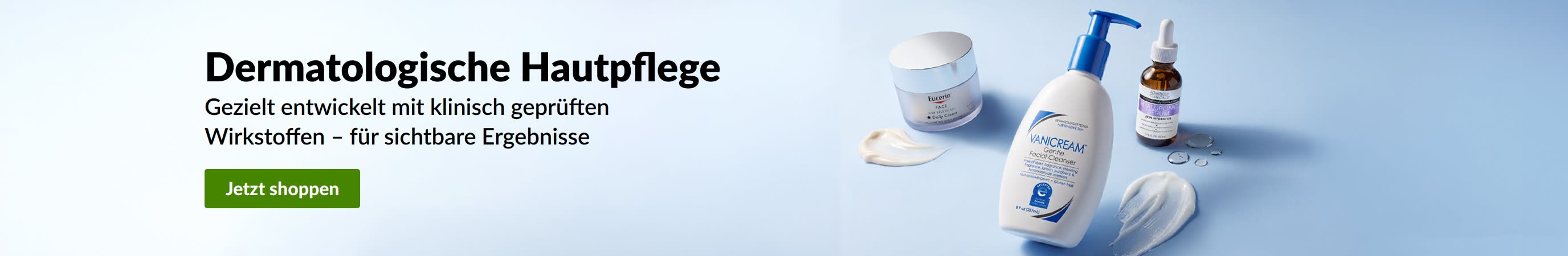 Ein hellblaues Banner, mit 3 dermatologischen Schönheitsprodukten und dem Text: „Dermatologische Hautpflege.“