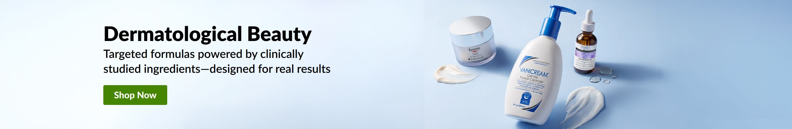 Light blue banner showing 3 dermatological beauty products with messaging that says, 