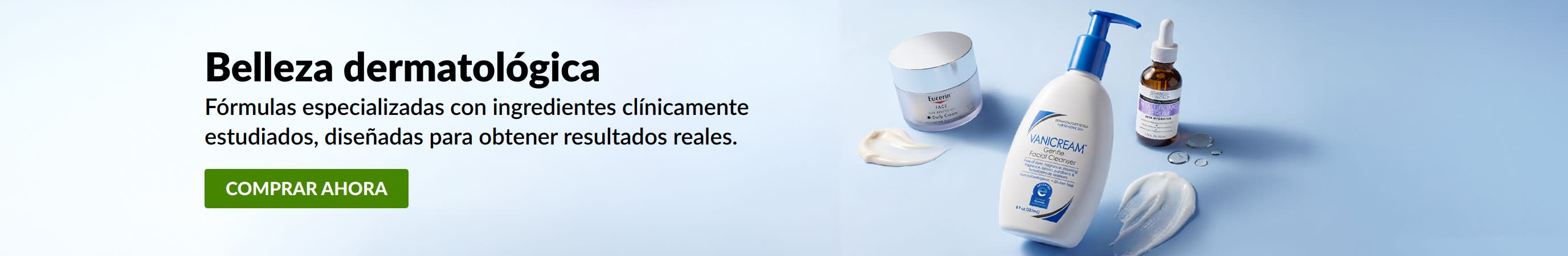 Banner azul claro en el que se muestran tres productos de belleza dermatológicos, con el mensaje: “Belleza dermatológica”.