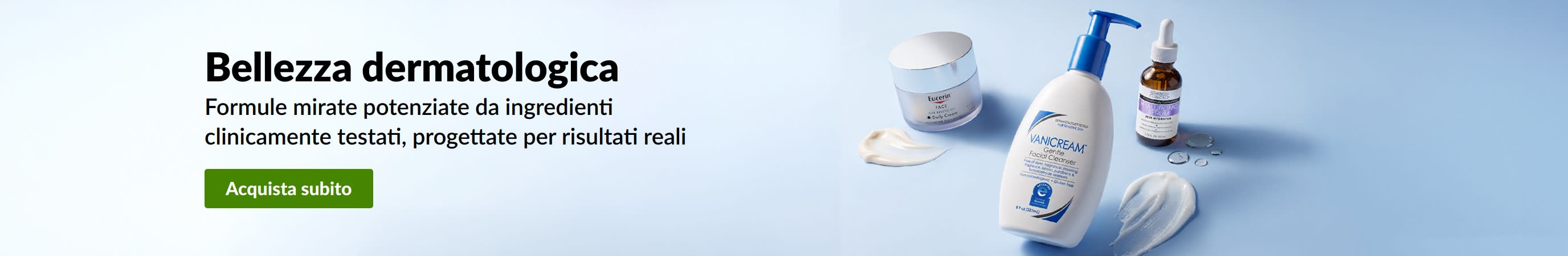 Banner azzurro che mostra 3 prodotti di bellezza dermatologici con il messaggio: 