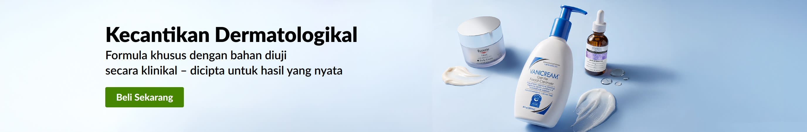 Sepanduk biru muda memaparkan 3 produk kecantikan dermatologi dengan mesej, 