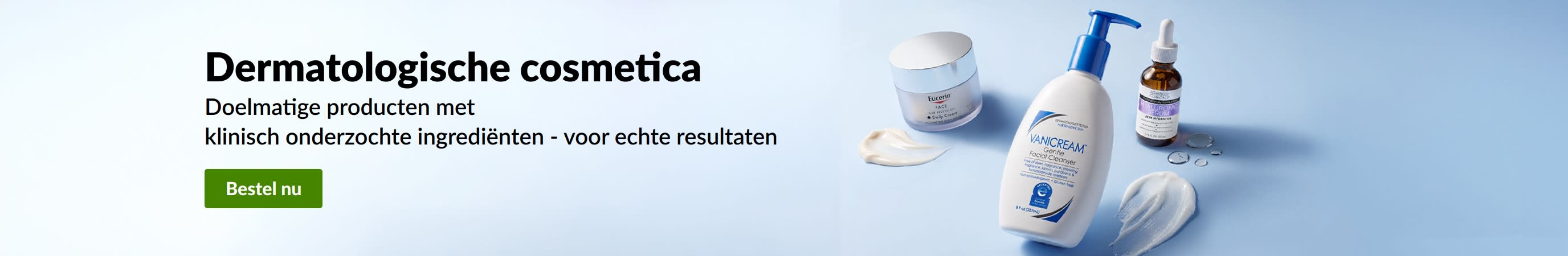 Lichtblauwe banner met 3 dermatologische schoonheidsproducten en de tekst: 