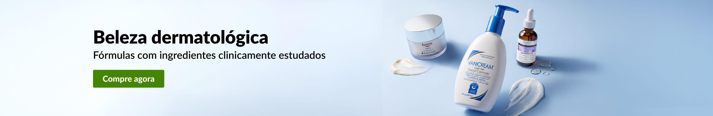 Banner azul-claro com 3 produtos de beleza dermatológica e a mensagem: 