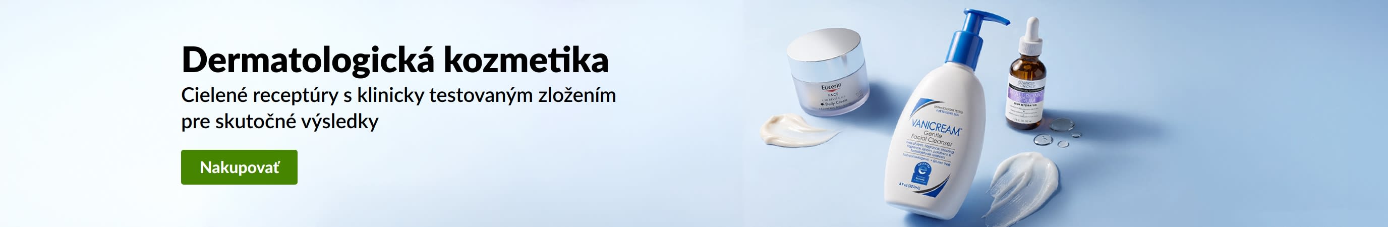 Svetlomodrý baner zobrazujúci tri produkty dermatologickej kozmetiky s nápisom „Dermatologická starostlivosť o pleť“