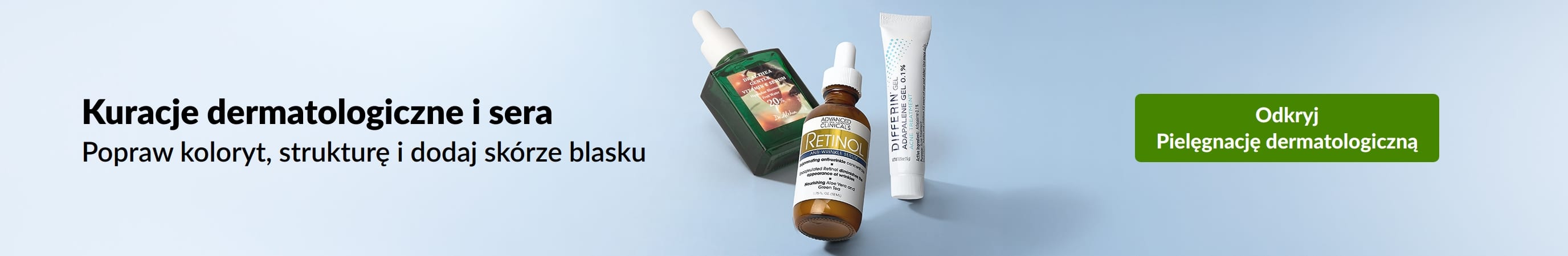 Kuracje dermatologiczne i sera poprawiające koloryt, strukturę oraz blask skóry. Kupuj kosmetyki dermatologiczne.