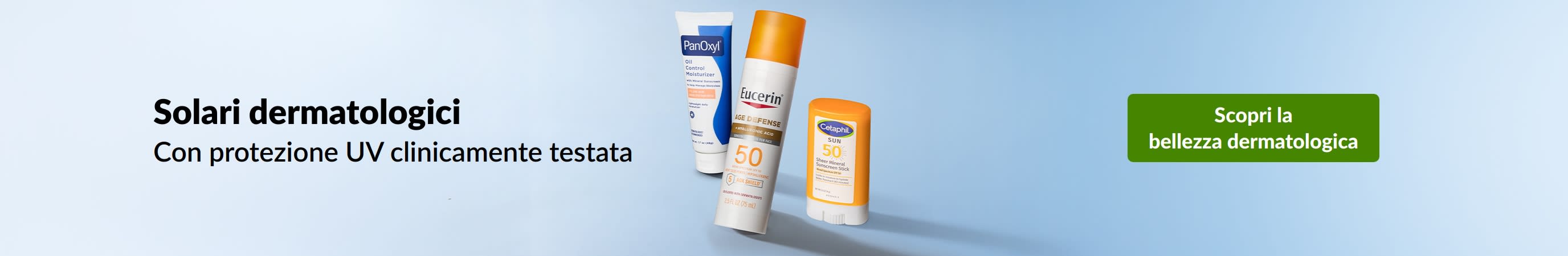 Solari dermatologici con protezione UV clinicamente testata. Acquista tutti i prodotti di bellezza dermatologici.