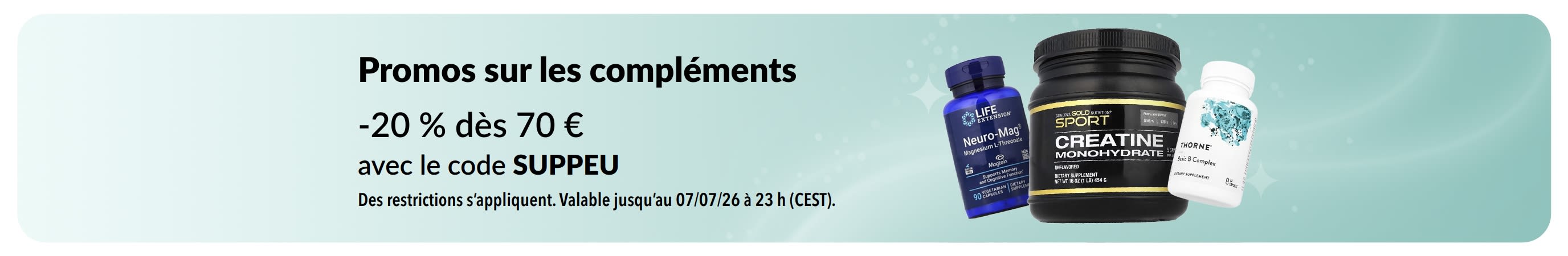 Promos sur les compléments : jusqu’à -20 % avec le code SUPPEU.