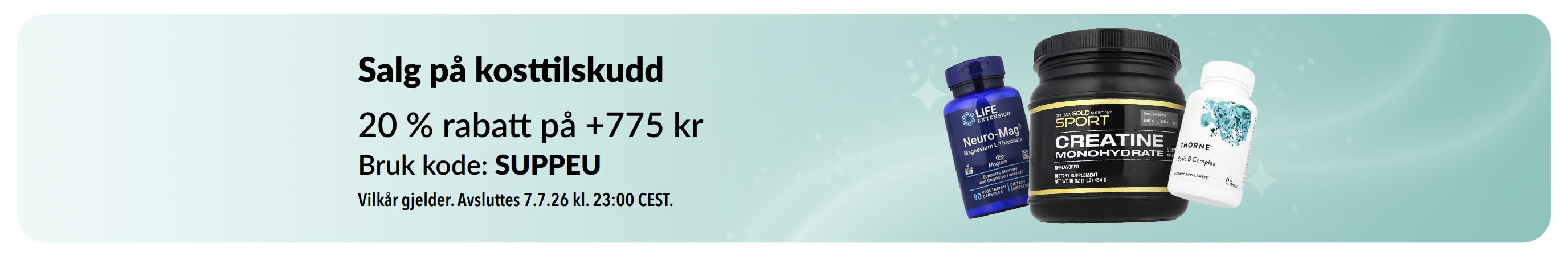 Salg på kosttilskudd: Opptil 20 % rabatt med koden SUPPEU.