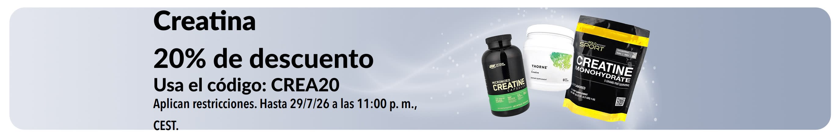 Banner que promociona un 20% de descuento en creatina