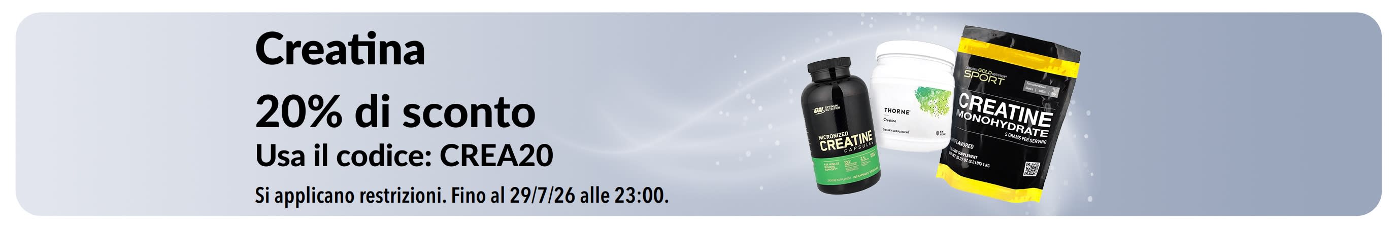 Banner che promuove il 20% di sconto sulla creatina