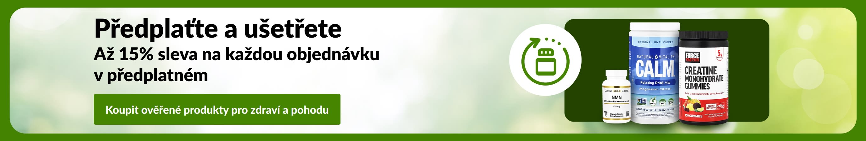 Banner programu Předplaťte a ušetřete s doplňky a textem „Až 15% sleva na každou objednávku v předplatném“.