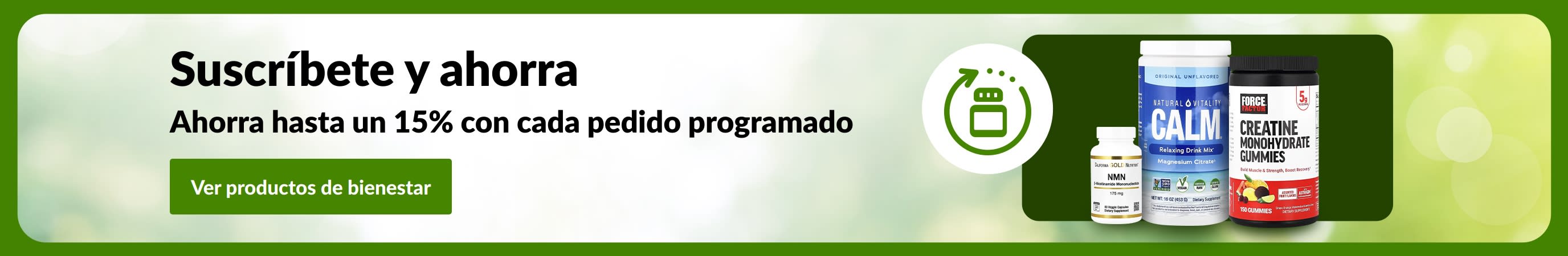 Banner de Suscríbete y ahorra mostrando botes de suplementos, junto al mensaje 