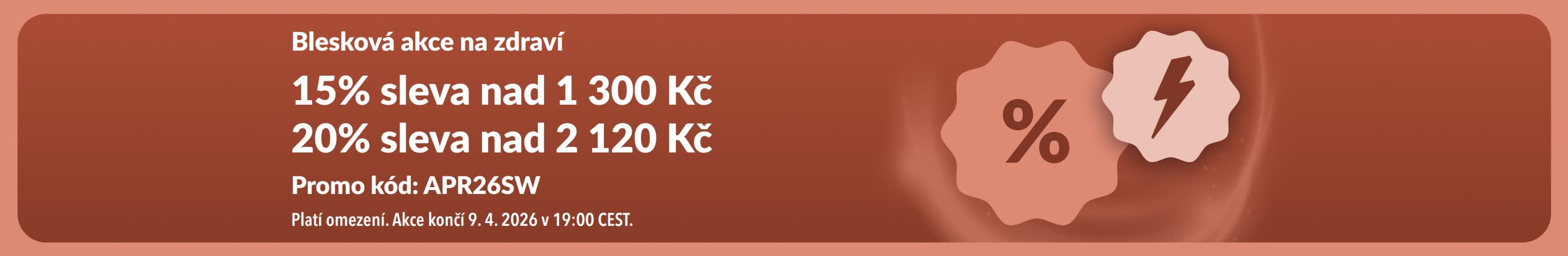 Banner bleskové akce iHerb na zdraví a pohodu nabízející slevu s kódem APR26SW.
