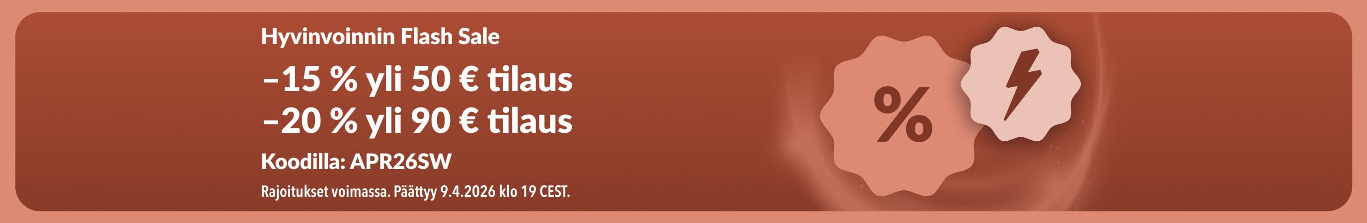 iHerbin hyvinvoinnin flash sale -banneri, joka tarjoaa alennuksen koodilla APR26SW.