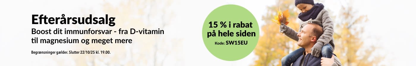 iHerb-banner, der promoverer et efterårsudsalg med 15 % rabat på hele siden. Rabatkoden er SW15EU.