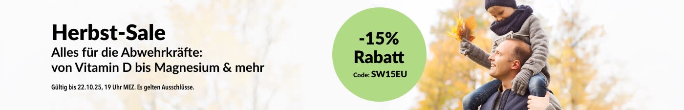 Banner von iHerb für Herbst-Sale mit 15% Rabatt auf alle Kategorien mit Code SW15EU