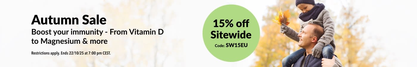 iHerb banner promoting an autumn sale with 15% off sitewide. Promo code is SW15EU.