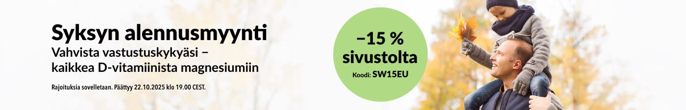 iHerb-banneri, joka mainostaa syysalea, jossa on 15 %:n alennus koko sivustolta. Kampanjakoodi SW15EU.