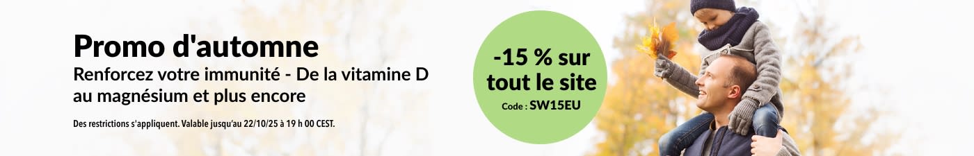 Bannière iHerb annonçant une promotion automnale avec 15 % de réduction sur tout le site. Le code promo est SW15EU.