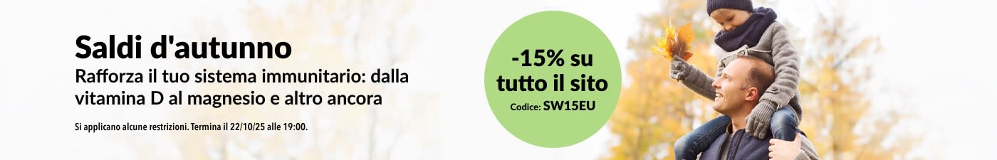 Banner iHerb che promuove i saldi autunnali con uno sconto del 15% su tutto il sito. Il codice promozionale è SW15EU.