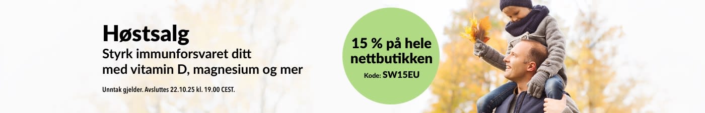 iHerb-banner som promoterer høstsalg med 15 % rabatt på hele nettstedet. Kampanjekoden er SW15EU.