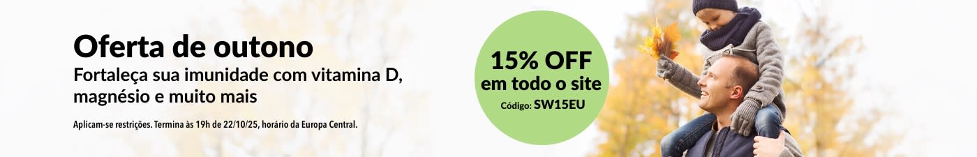 Banner da iHerb promovendo a oferta de outono com 15% OFF em todo o site. O código promocional é SW15EU.