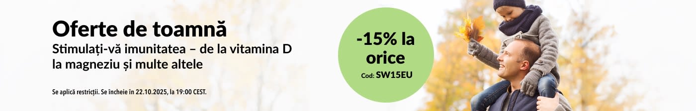 Banner iHerb cu oferte de toamnă cu 15% reducere la toate produsele. Cod promo SW15EU.
