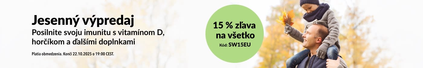 Banner iHerb propagujúci jesenný výpredaj s 15 % zľavou na celý sortiment. Promo kód je SW15EU.
