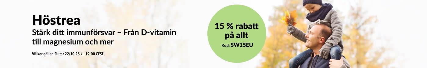 iHerb-banner som marknadsför en höstrea med 15 % rabatt på hela webbplatsen. Kampanjkoden är SW15EU.