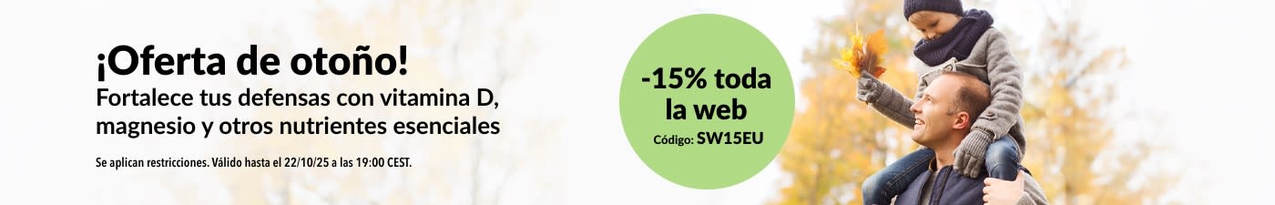 Banner de iHerb que anuncia la oferta de otoño con un 15% de descuento en toda la web. Usa el código: SW15EU.