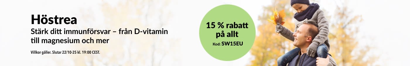 iHerb-banner som marknadsför en höstrea med 15 % rabatt på hela webbplatsen. Kampanjkoden är SW15EU.